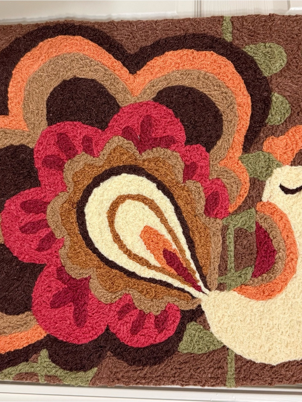 Turkey Floral Hooked Door Mat in Red, Brown & Cream